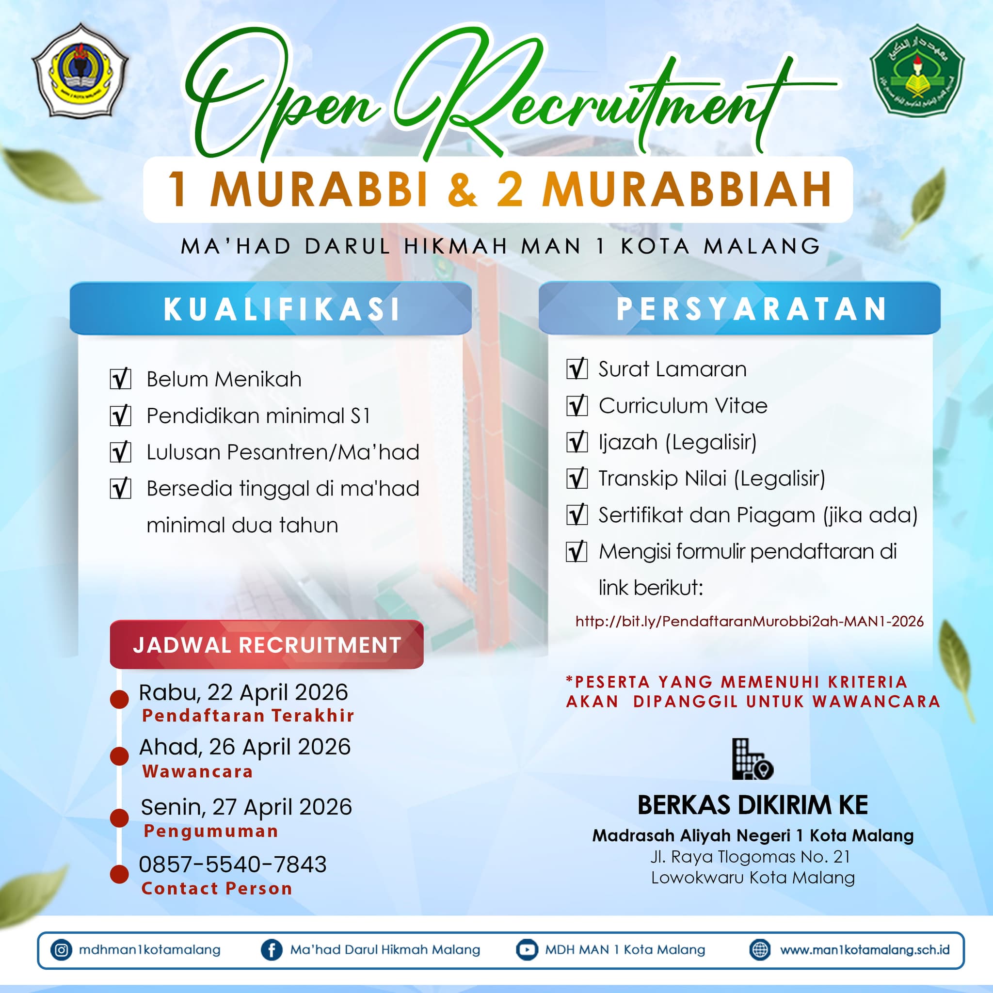 OPEN RECRUITMENT 1 MURABBI& 2 MURABBIYAH