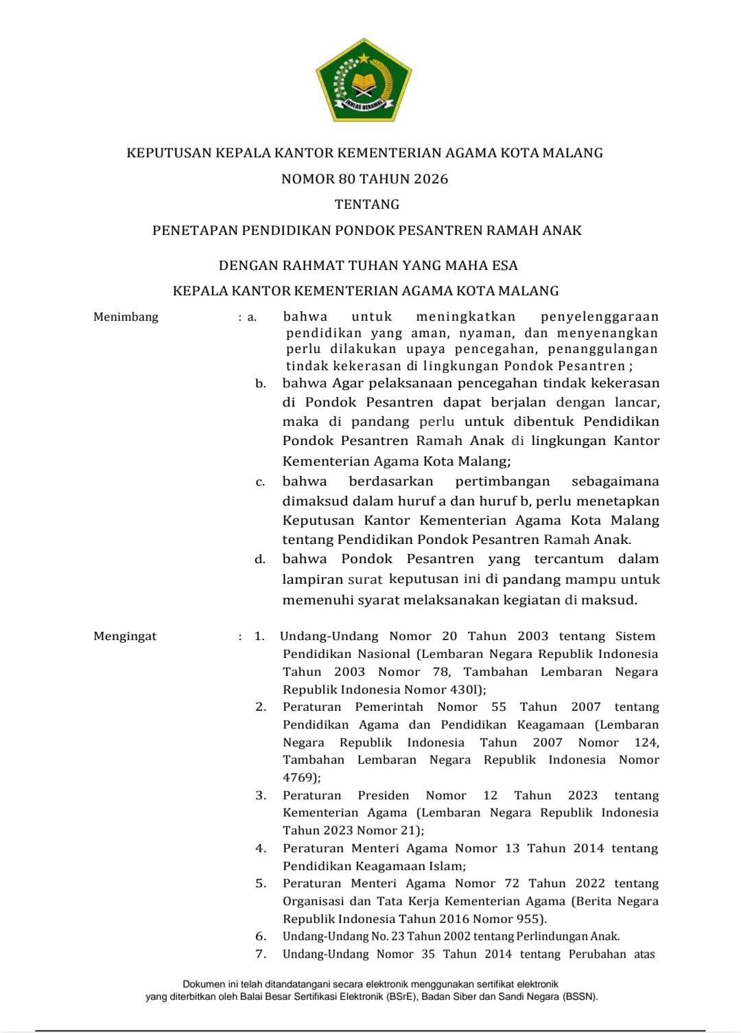 RMI NU Kota Malang Apresiasi Penetapan 60 Pesantren Ramah Anak, Momentum Perkuat Wajah Pesantren yang Humanis